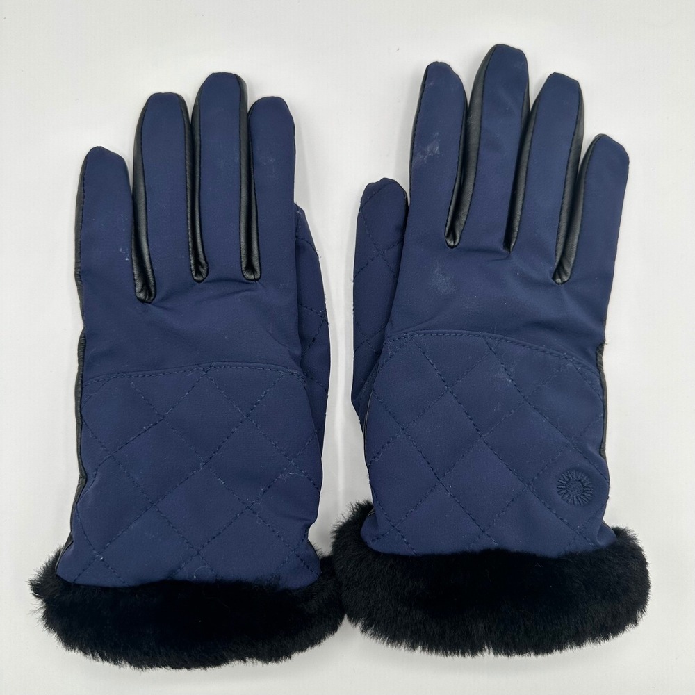 UGG L/XL Womens Winter Gloves Black Leather Fur Cuff Quilted Blue